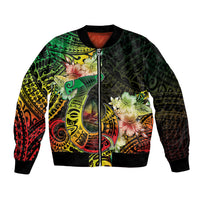 Hawaii Discoverers Day Bomber Jacket Polynesian Fish Hook With Hibiscus Reggae
