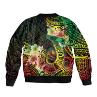Hawaii Discoverers Day Bomber Jacket Polynesian Fish Hook With Hibiscus Reggae