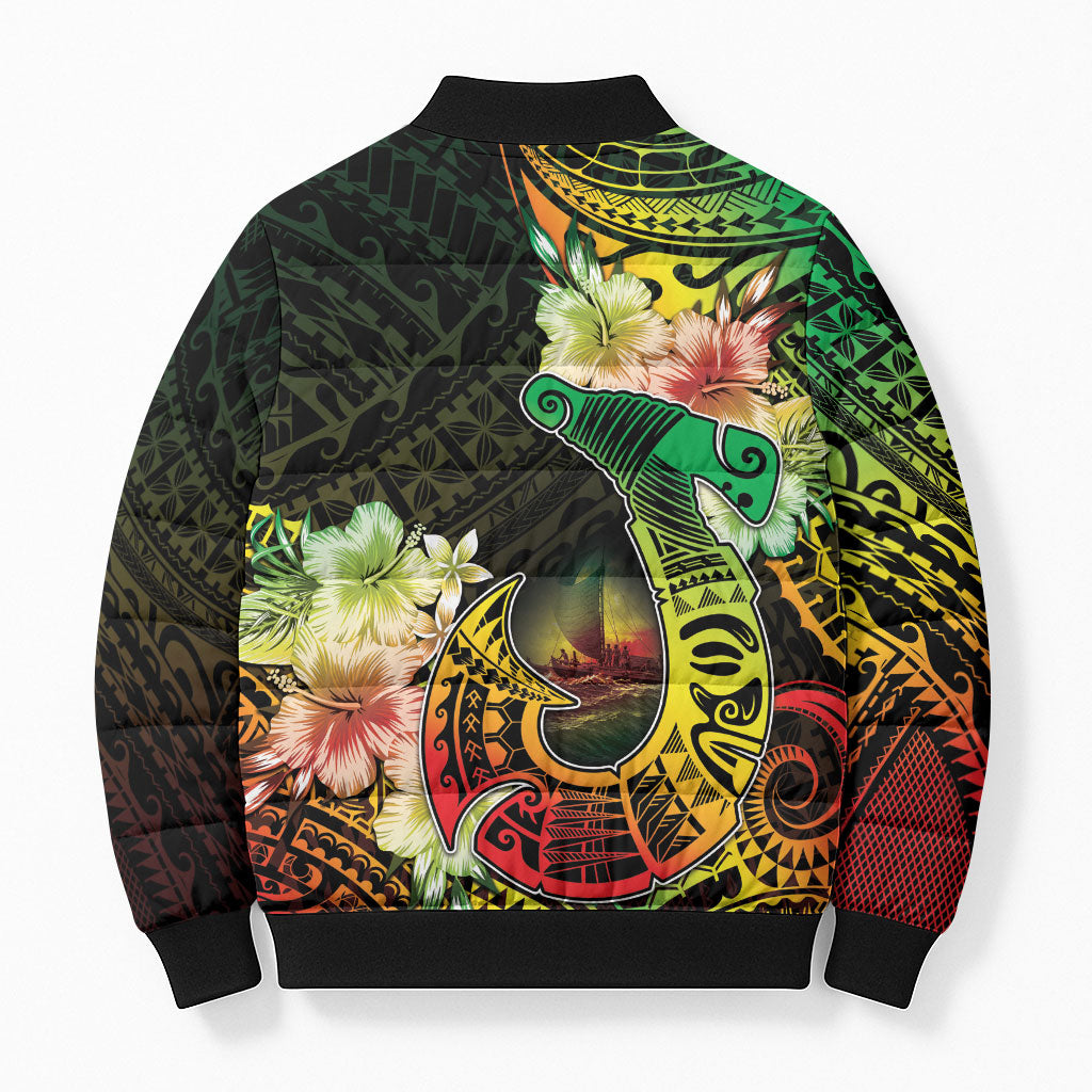 Hawaii Discoverers Day Bomber Puffer Jacket Polynesian Fish Hook With Hibiscus Reggae
