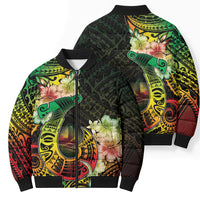 Hawaii Discoverers Day Bomber Puffer Jacket Polynesian Fish Hook With Hibiscus Reggae