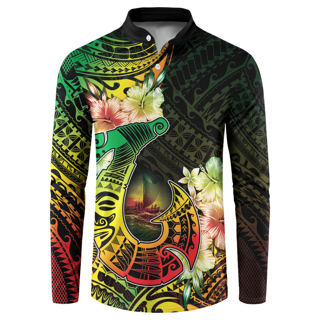 Hawaii Discoverers Day Button Sweatshirt Polynesian Fish Hook With Hibiscus Reggae