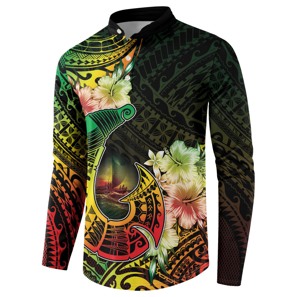 Hawaii Discoverers Day Button Sweatshirt Polynesian Fish Hook With Hibiscus Reggae