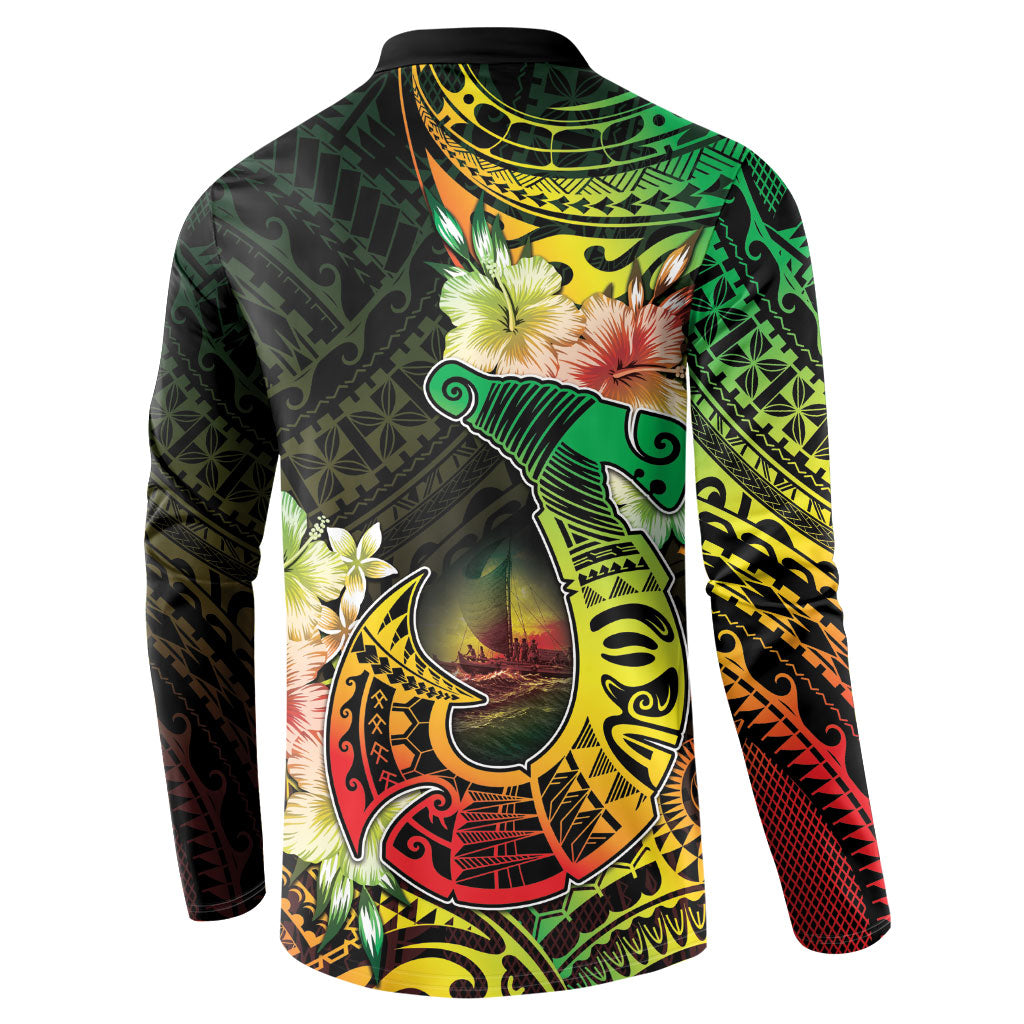 Hawaii Discoverers Day Button Sweatshirt Polynesian Fish Hook With Hibiscus Reggae