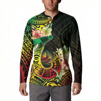 Hawaii Discoverers Day Button Sweatshirt Polynesian Fish Hook With Hibiscus Reggae