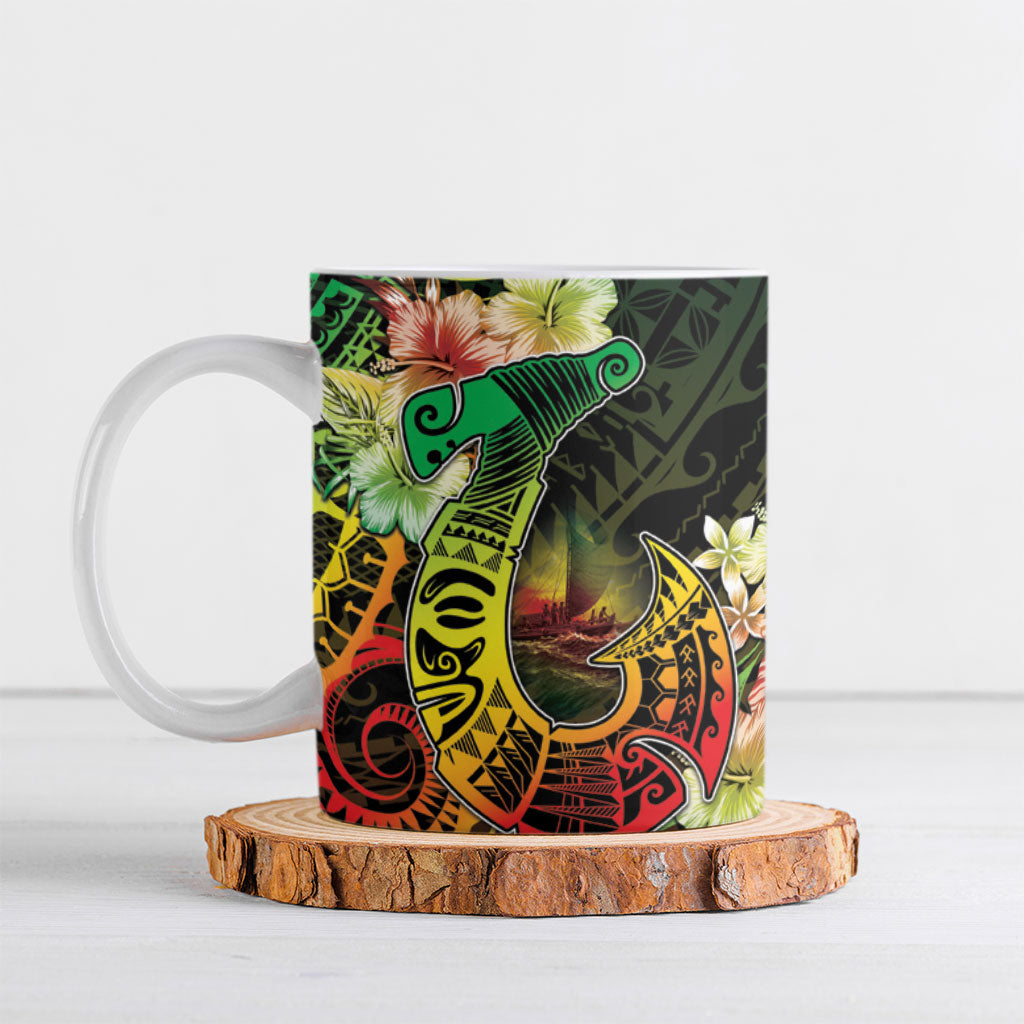 Hawaii Discoverers Day Ceramic Mug Polynesian Fish Hook With Hibiscus Reggae