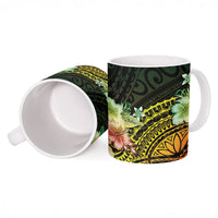 Hawaii Discoverers Day Ceramic Mug Polynesian Fish Hook With Hibiscus Reggae