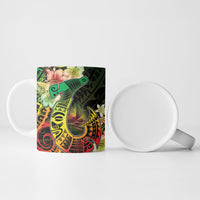 Hawaii Discoverers Day Ceramic Mug Polynesian Fish Hook With Hibiscus Reggae