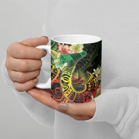 Hawaii Discoverers Day Ceramic Mug Polynesian Fish Hook With Hibiscus Reggae
