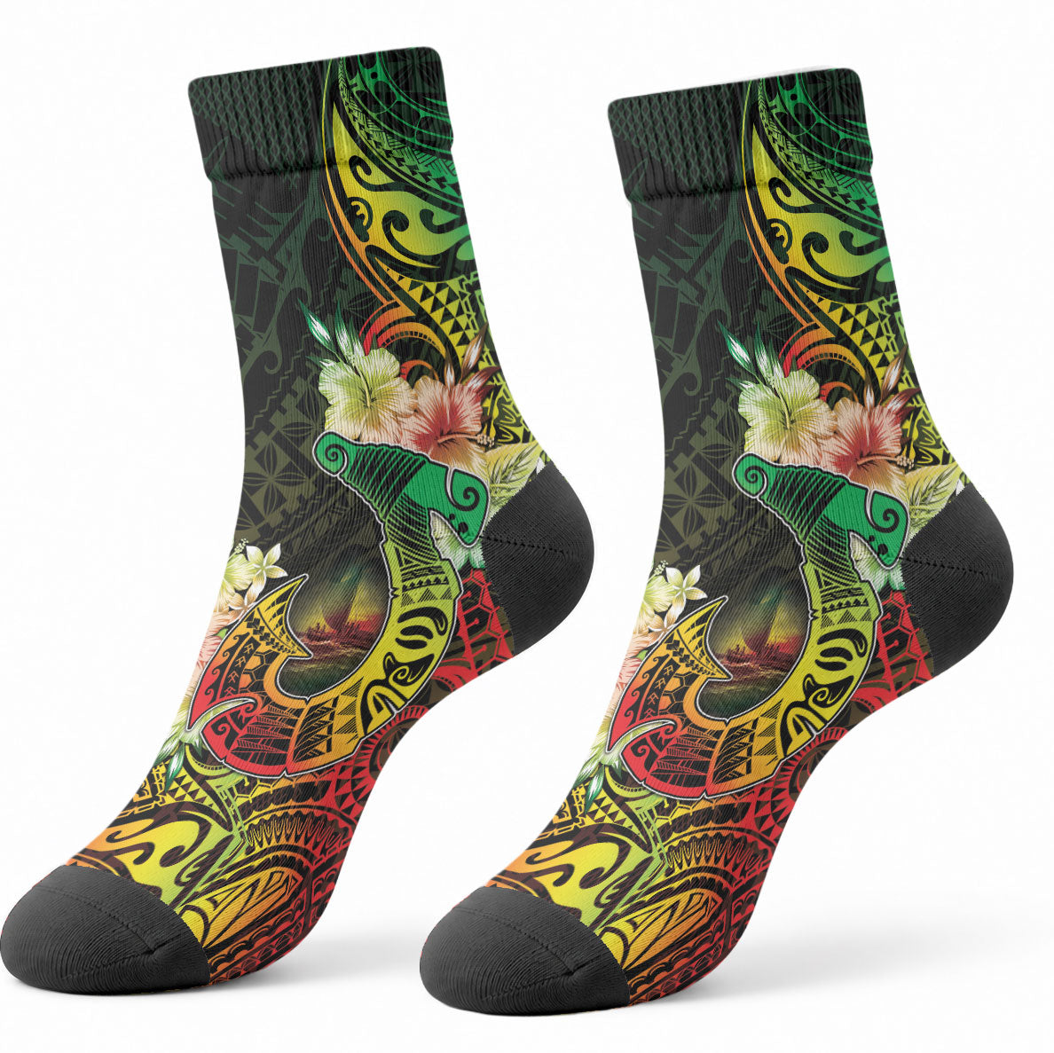Hawaii Discoverers Day Crew Socks Polynesian Fish Hook With Hibiscus Reggae LT05 - Polynesian Pride
