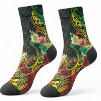 Hawaii Discoverers Day Crew Socks Polynesian Fish Hook With Hibiscus Reggae LT05 - Polynesian Pride