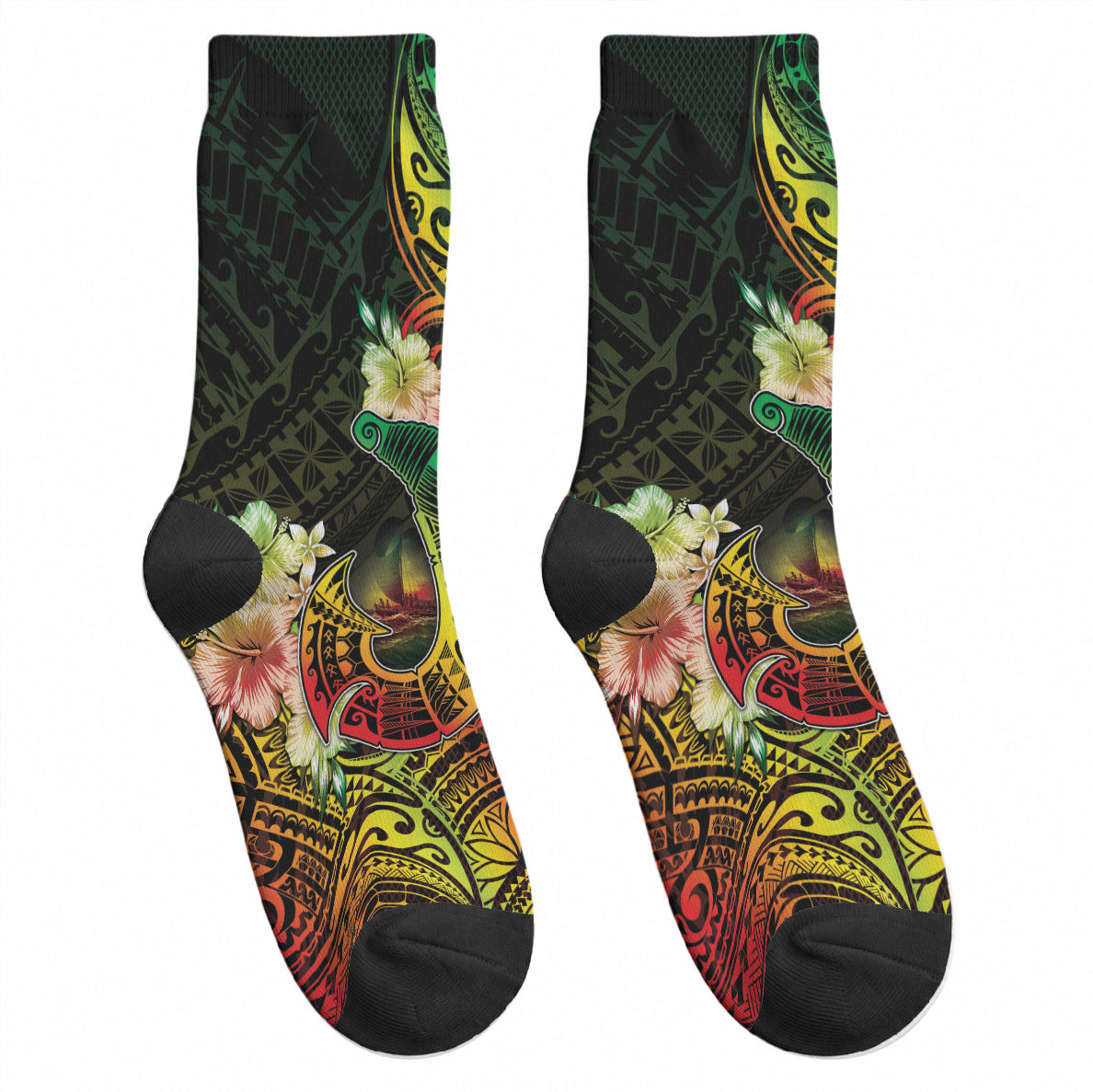 Hawaii Discoverers Day Crew Socks Polynesian Fish Hook With Hibiscus Reggae LT05 - Polynesian Pride