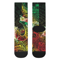 Hawaii Discoverers Day Crew Socks Polynesian Fish Hook With Hibiscus Reggae LT05 - Polynesian Pride