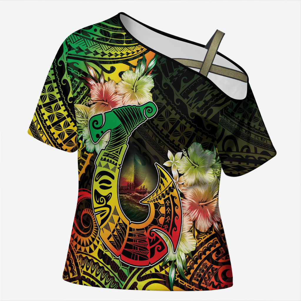Hawaii Discoverers Day Cross Shoulder Shirt Polynesian Fish Hook With Hibiscus Reggae LT05 Female Reggae - Polynesian Pride