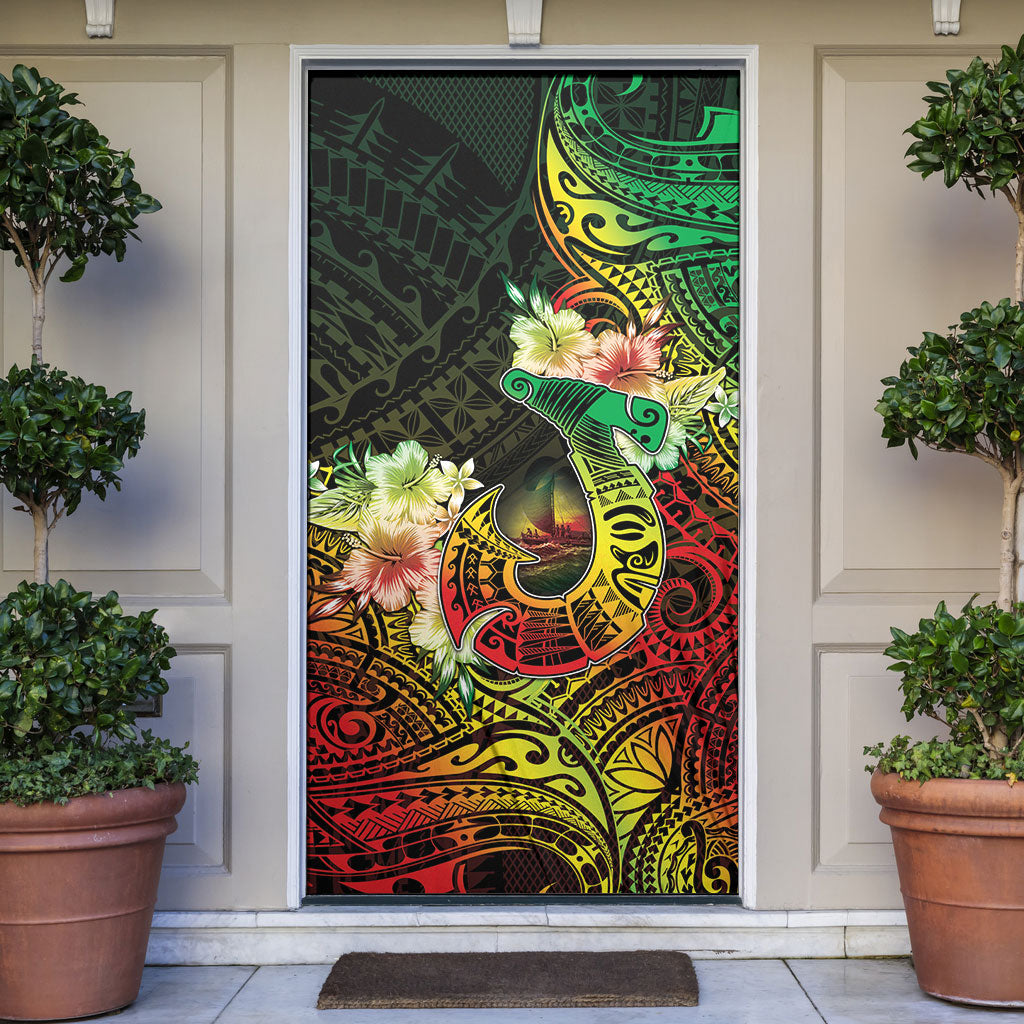 Hawaii Discoverers Day Door Cover Polynesian Fish Hook With Hibiscus Reggae LT05 Reggae - Polynesian Pride
