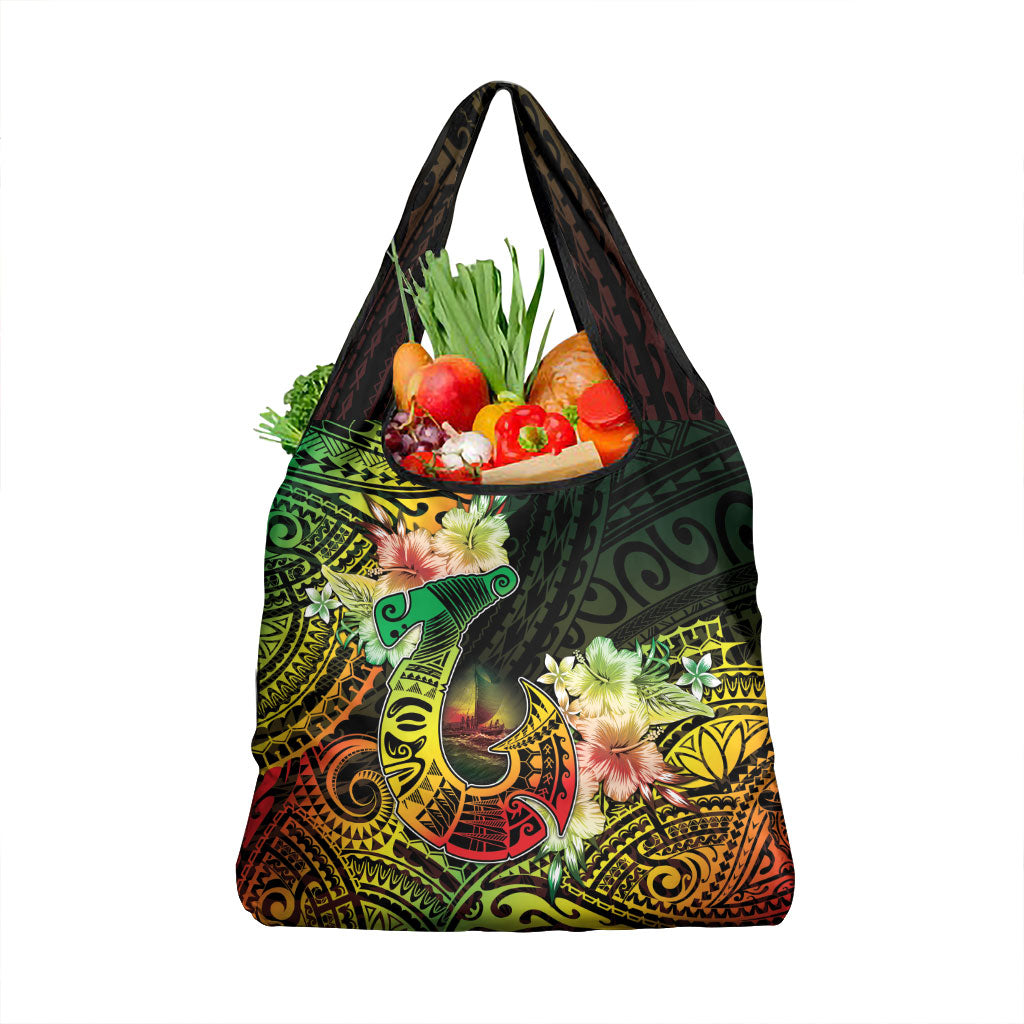 Hawaii Discoverers Day Grocery Bag Polynesian Fish Hook With Hibiscus Reggae LT05 1-pack One Size Reggae - Polynesian Pride