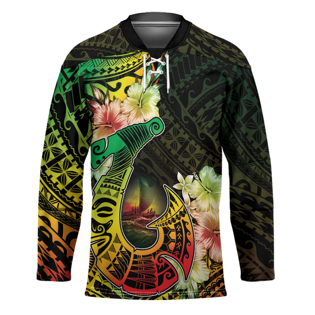 Hawaii Discoverers Day Hockey Jersey Polynesian Fish Hook With Hibiscus Reggae LT05 Unisex Reggae - Polynesian Pride