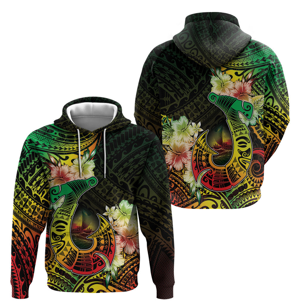 Hawaii Discoverers Day Hoodie Polynesian Fish Hook With Hibiscus Reggae