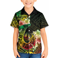 Hawaii Discoverers Day Kid Hawaiian Shirt Polynesian Fish Hook With Hibiscus Reggae LT05 Kid Reggae - Polynesian Pride