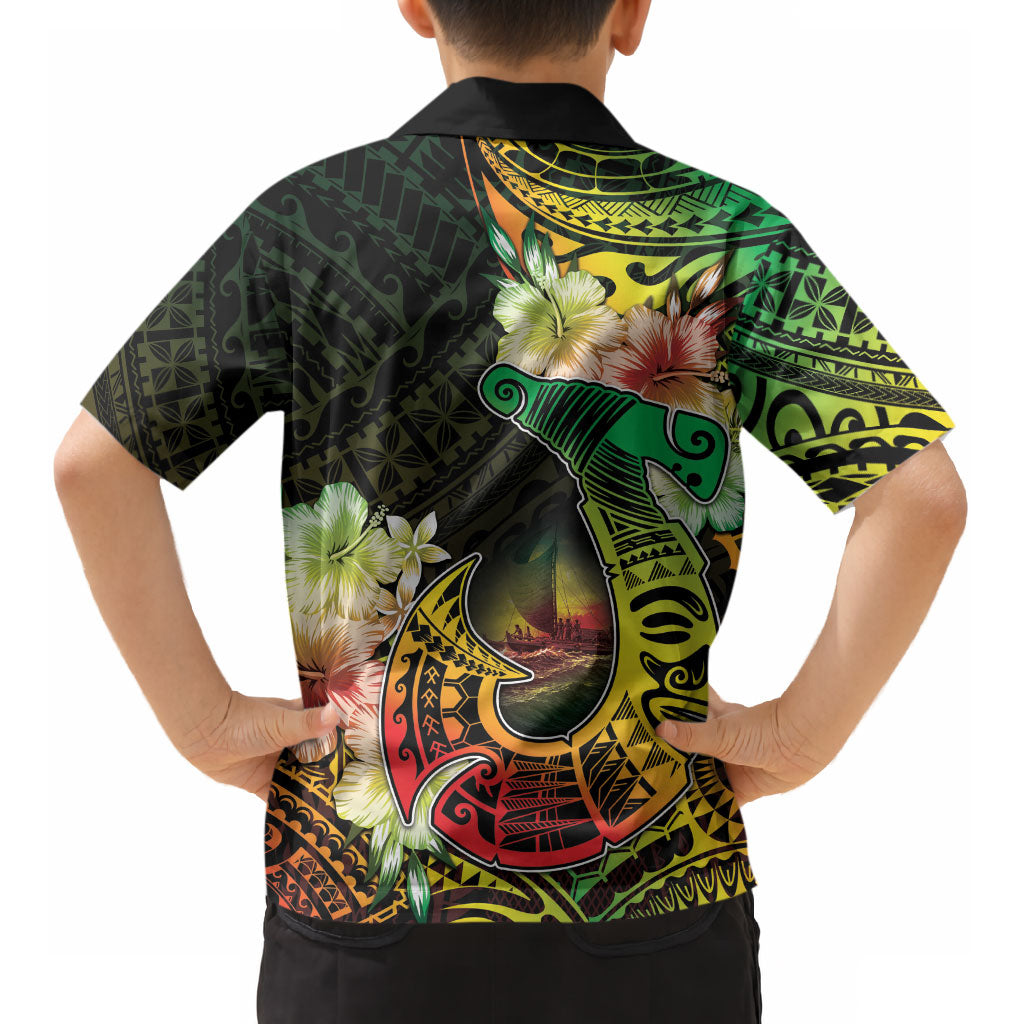 Hawaii Discoverers Day Kid Hawaiian Shirt Polynesian Fish Hook With Hibiscus Reggae LT05 - Polynesian Pride