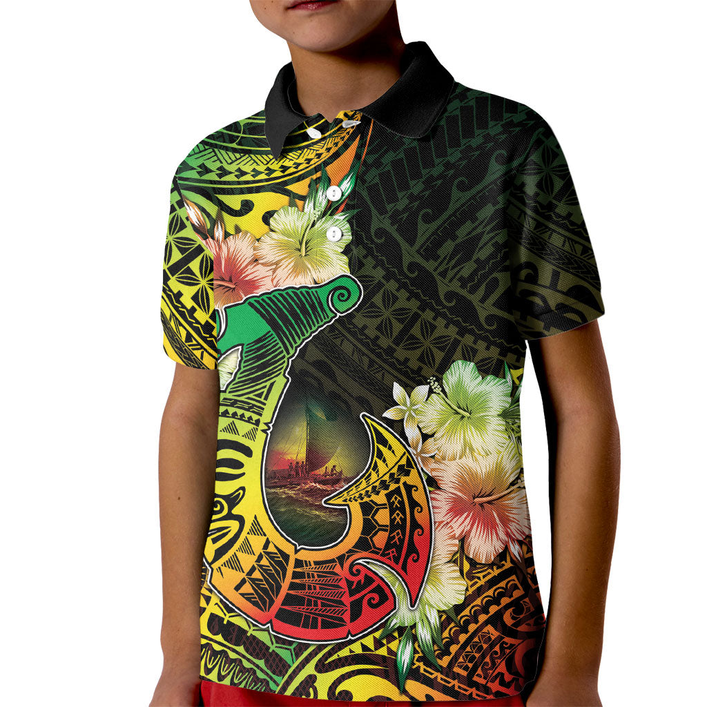 Hawaii Discoverers Day Kid Polo Shirt Polynesian Fish Hook With Hibiscus Reggae LT05 Kid Reggae - Polynesian Pride
