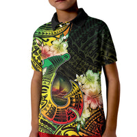 Hawaii Discoverers Day Kid Polo Shirt Polynesian Fish Hook With Hibiscus Reggae LT05 Kid Reggae - Polynesian Pride