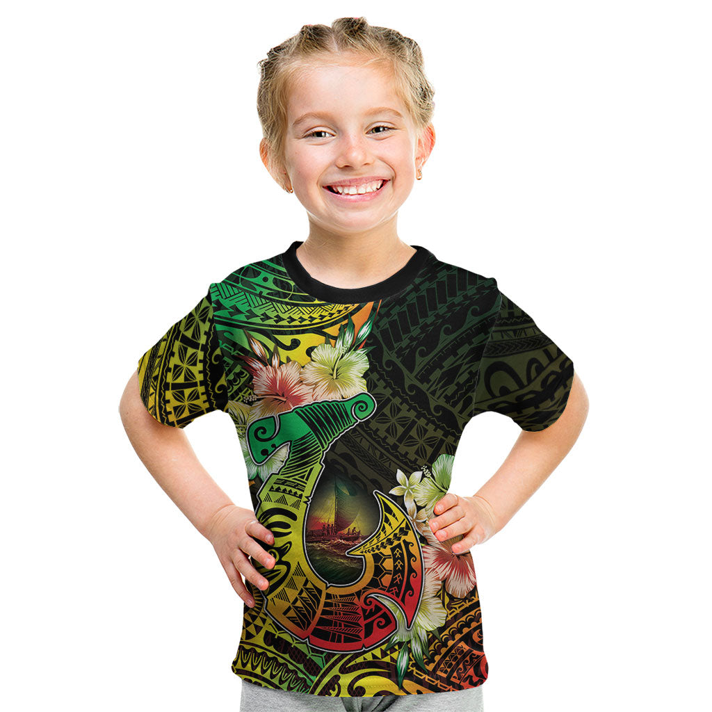Hawaii Discoverers Day Kid T Shirt Polynesian Fish Hook With Hibiscus Reggae LT05 Reggae - Polynesian Pride