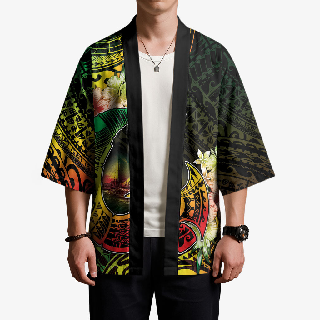 Hawaii Discoverers Day Kimono Polynesian Fish Hook With Hibiscus Reggae