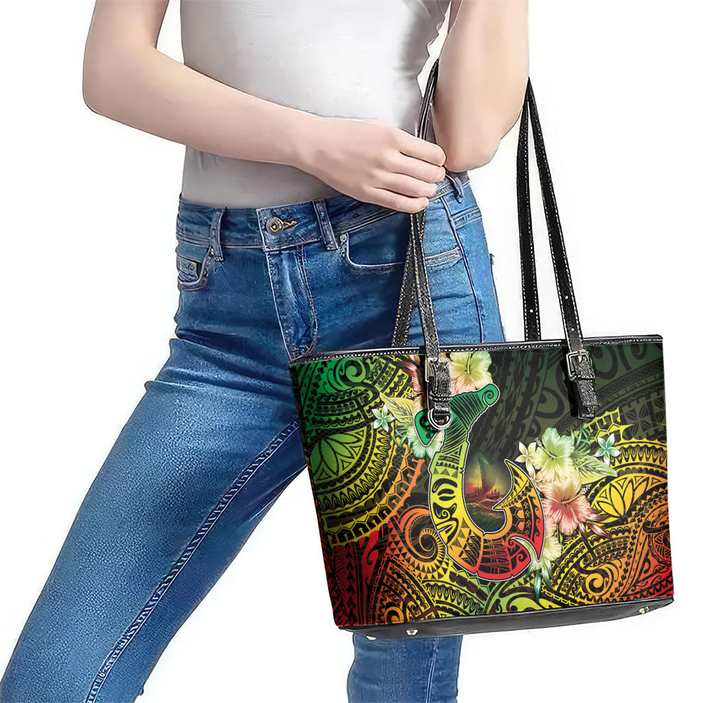 Hawaii Discoverers Day Leather Tote Bag Polynesian Fish Hook With Hibiscus Reggae