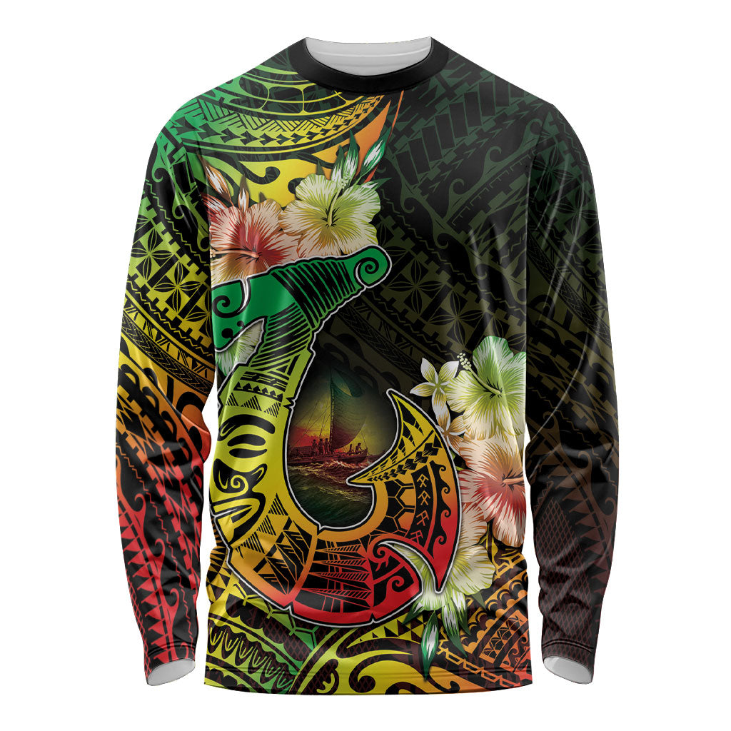 Hawaii Discoverers Day Long Sleeve Shirt Polynesian Fish Hook With Hibiscus Reggae LT05 Unisex Reggae - Polynesian Pride