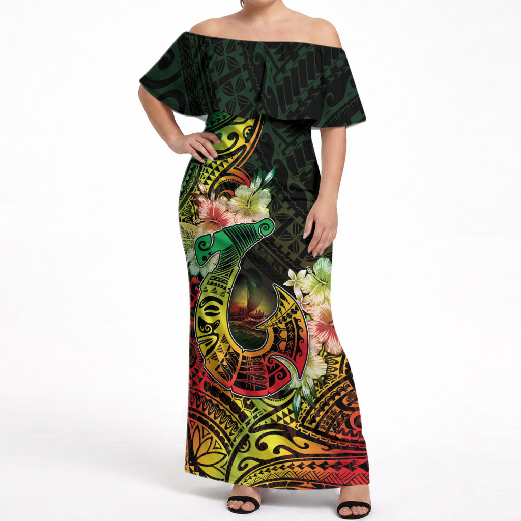 Hawaii Discoverers Day Off Shoulder Maxi Dress Polynesian Fish Hook With Hibiscus Reggae LT05 Women Reggae - Polynesian Pride