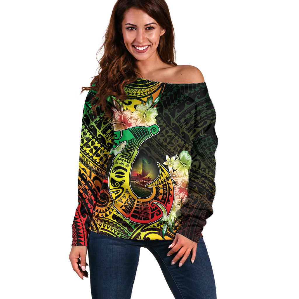 Hawaii Discoverers Day Off Shoulder Sweater Polynesian Fish Hook With Hibiscus Reggae LT05 Women Reggae - Polynesian Pride