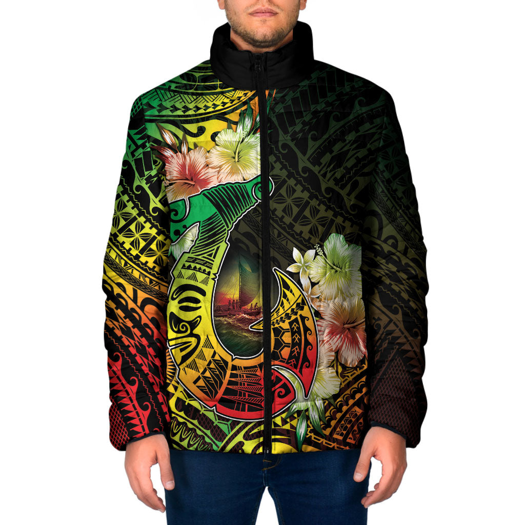 Hawaii Discoverers Day Padded Jacket Polynesian Fish Hook With Hibiscus Reggae