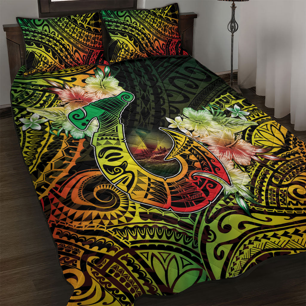 Hawaii Discoverers Day Quilt Bed Set Polynesian Fish Hook With Hibiscus Reggae LT05 Reggae - Polynesian Pride