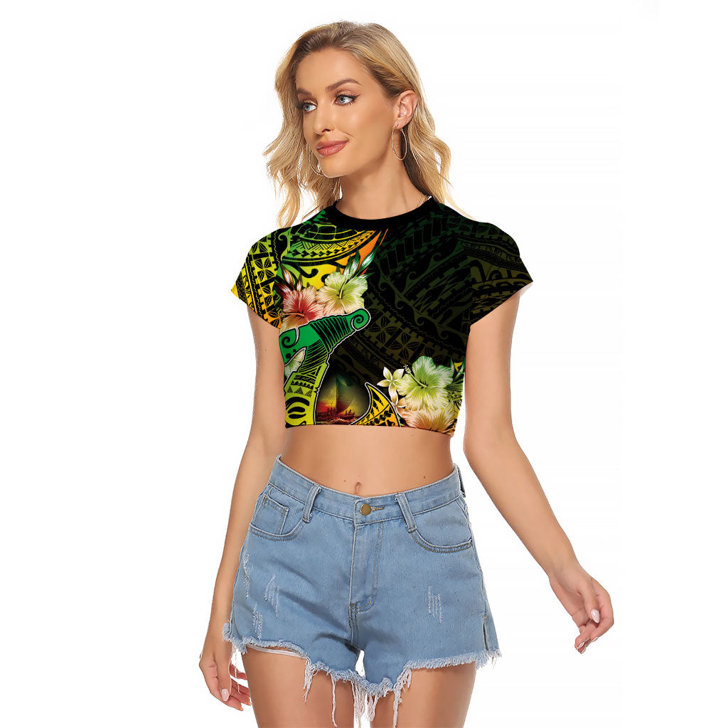 Hawaii Discoverers Day Raglan Cropped T Shirt Polynesian Fish Hook With Hibiscus Reggae LT05 Female Reggae - Polynesian Pride