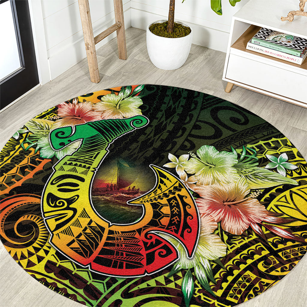 Hawaii Discoverers Day Round Carpet Polynesian Fish Hook With Hibiscus Reggae LT05 Reggae - Polynesian Pride