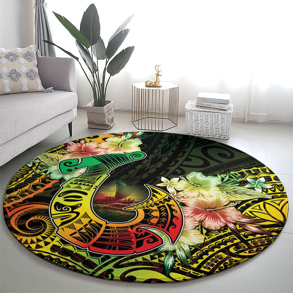 Hawaii Discoverers Day Round Carpet Polynesian Fish Hook With Hibiscus Reggae