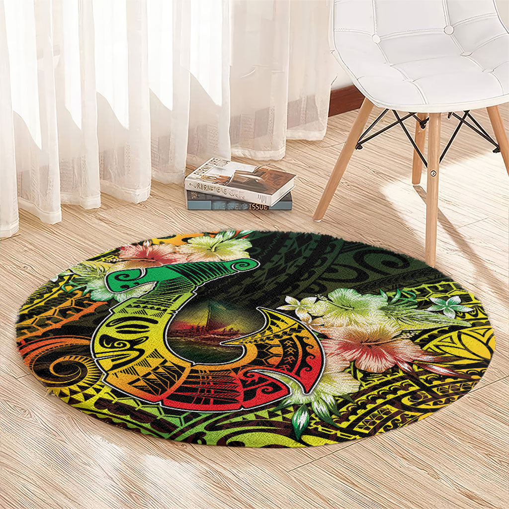 Hawaii Discoverers Day Round Carpet Polynesian Fish Hook With Hibiscus Reggae