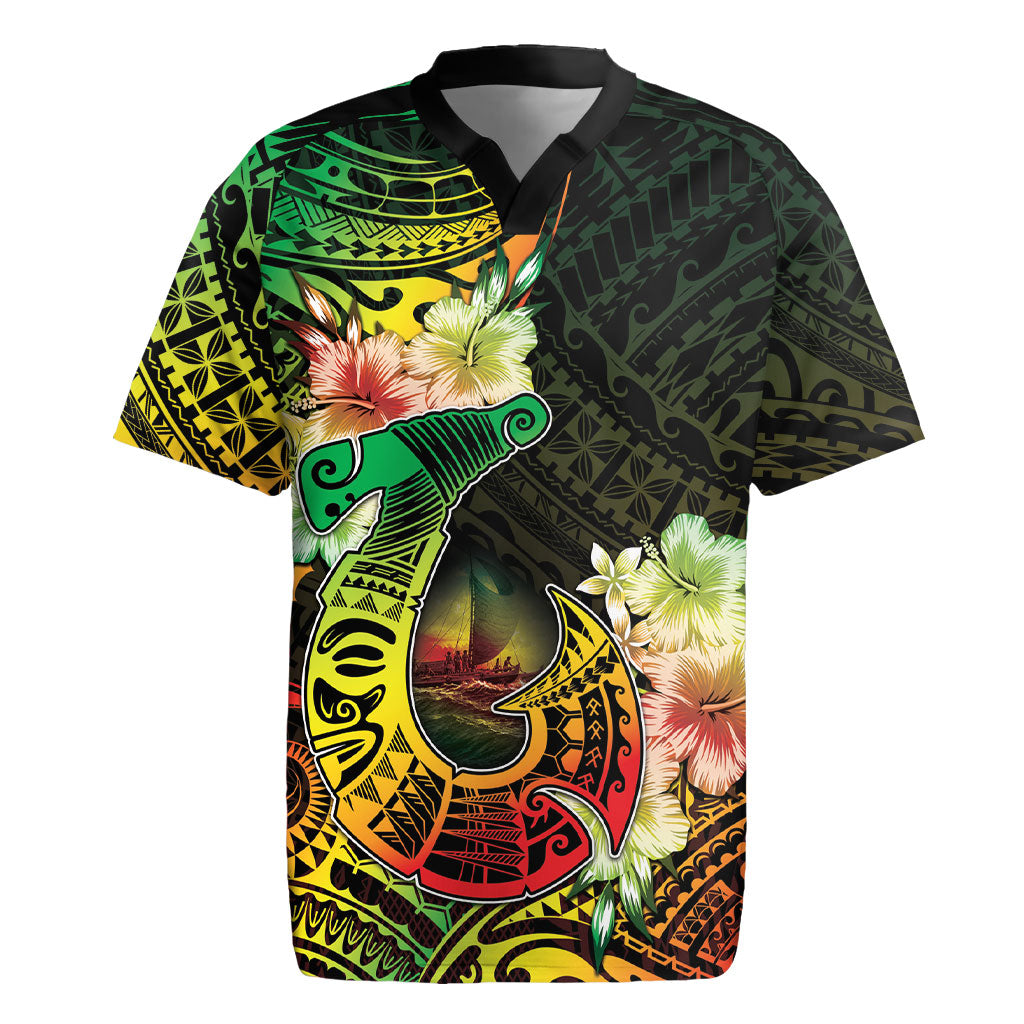 Hawaii Discoverers Day Rugby Jersey Polynesian Fish Hook With Hibiscus Reggae LT05 Reggae - Polynesian Pride