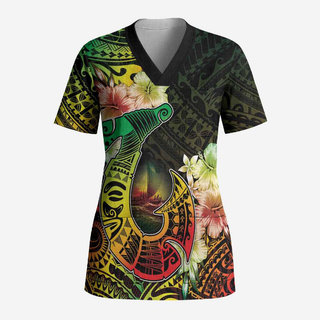 Hawaii Discoverers Day Scrub Top Polynesian Fish Hook With Hibiscus Reggae LT05 Adult Reggae - Polynesian Pride