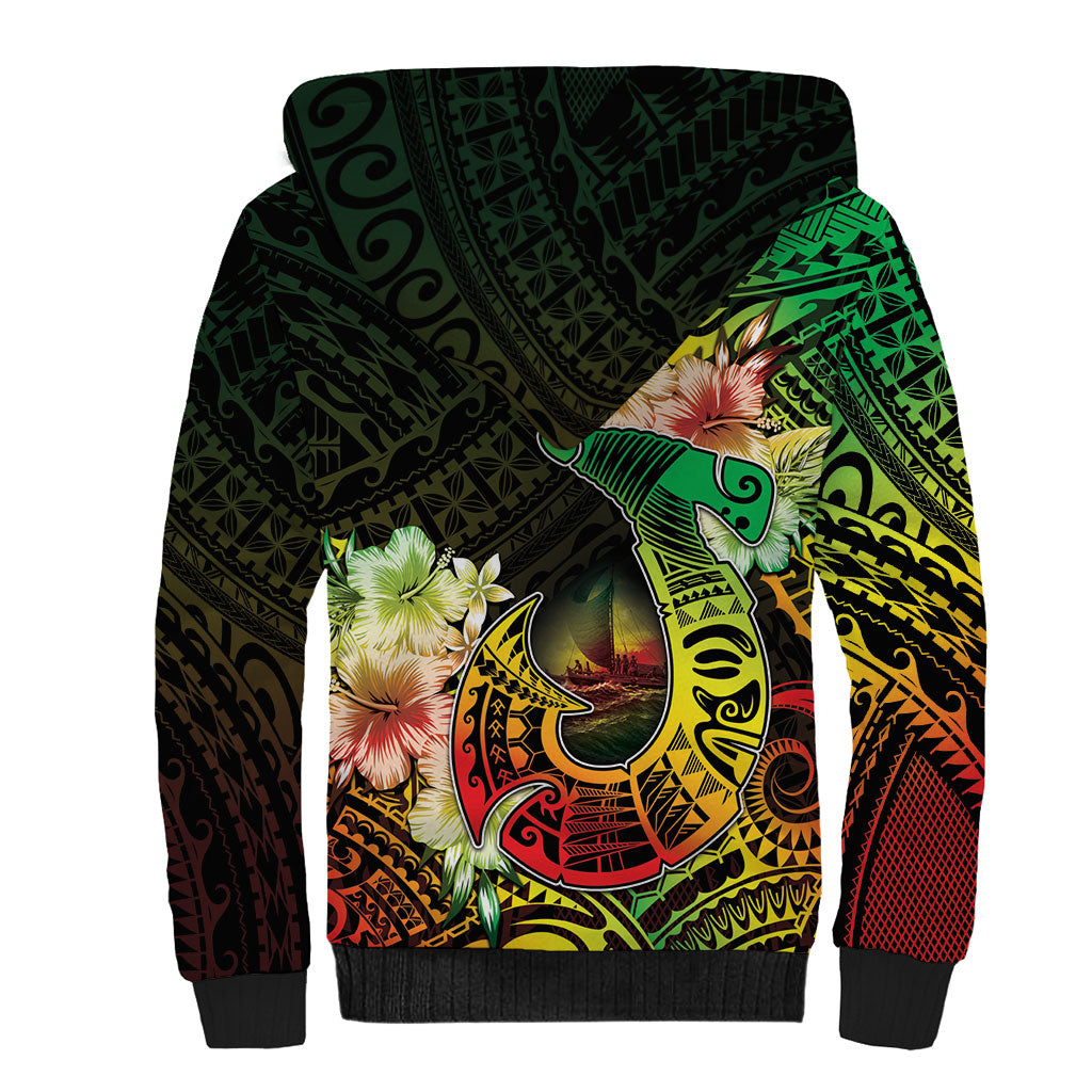 Hawaii Discoverers Day Sherpa Hoodie Polynesian Fish Hook With Hibiscus Reggae LT05 - Polynesian Pride