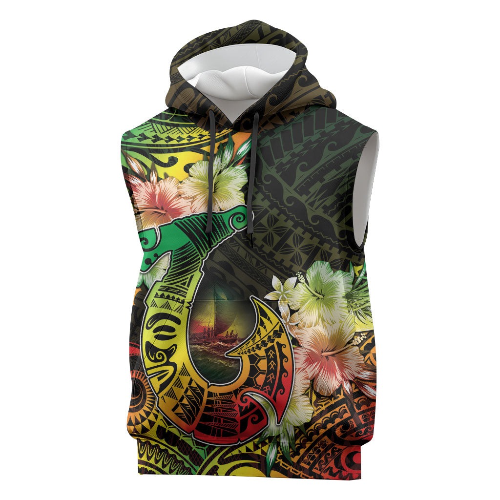Hawaii Discoverers Day Sleeveless Hoodie Polynesian Fish Hook With Hibiscus Reggae LT05 Reggae - Polynesian Pride