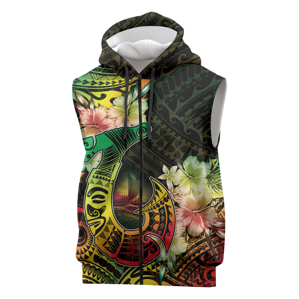 Hawaii Discoverers Day Sleeveless Zip Hoodie Polynesian Fish Hook With Hibiscus Reggae LT05 Reggae - Polynesian Pride