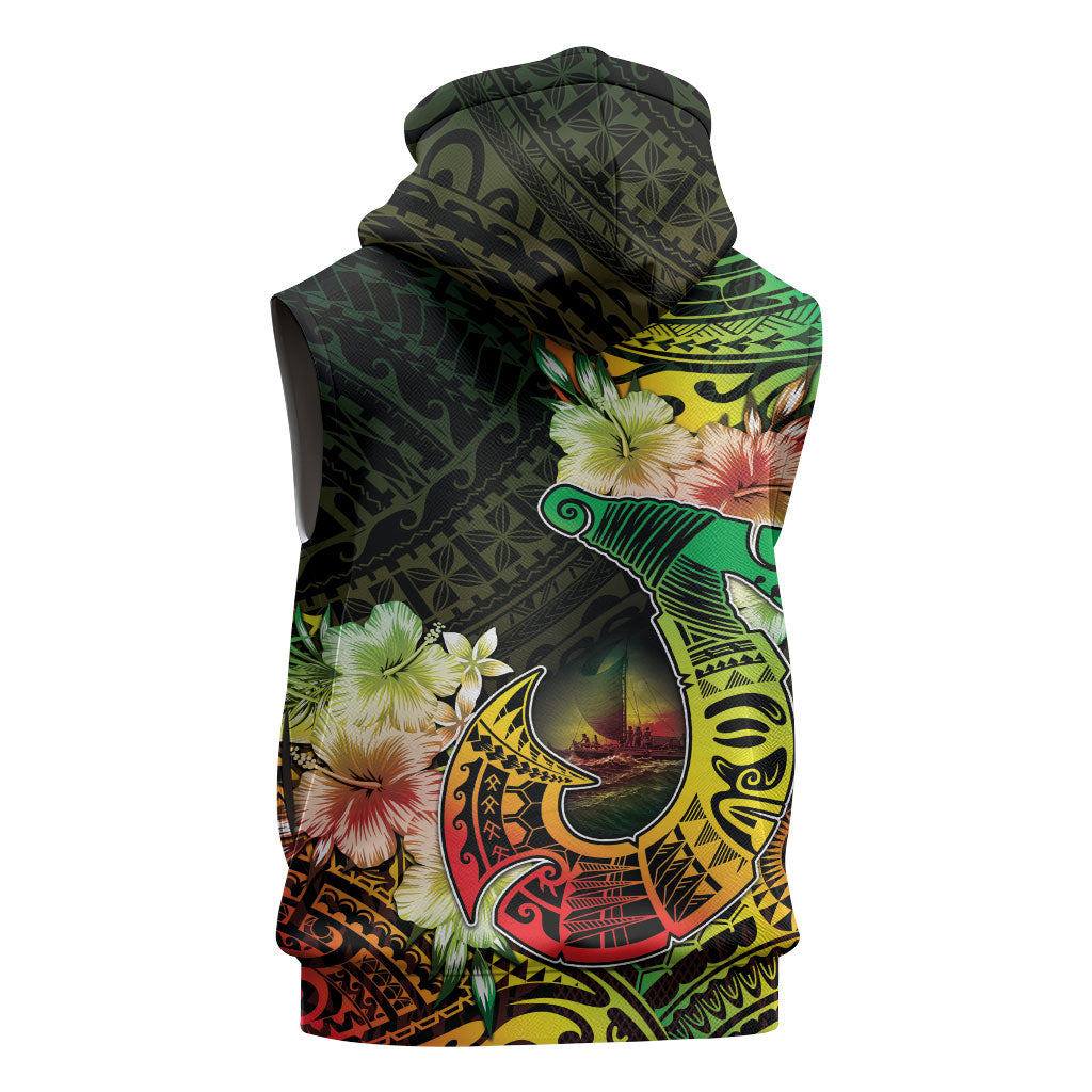 Hawaii Discoverers Day Sleeveless Zip Hoodie Polynesian Fish Hook With Hibiscus Reggae LT05 - Polynesian Pride
