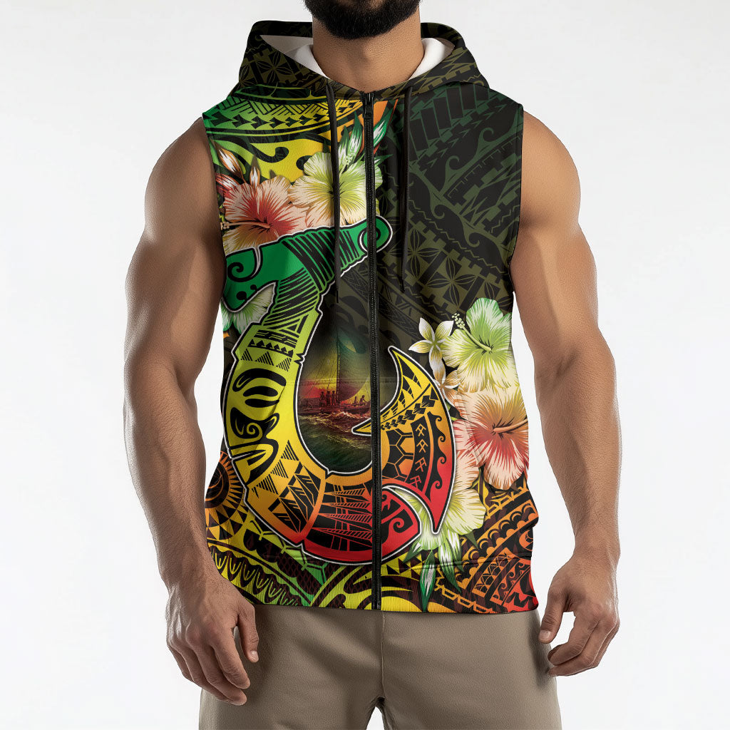 Hawaii Discoverers Day Sleeveless Zip Hoodie Polynesian Fish Hook With Hibiscus Reggae LT05 - Polynesian Pride