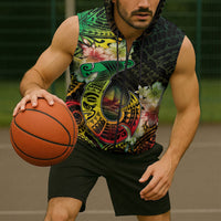 Hawaii Discoverers Day Sleeveless Zip Hoodie Polynesian Fish Hook With Hibiscus Reggae LT05 - Polynesian Pride