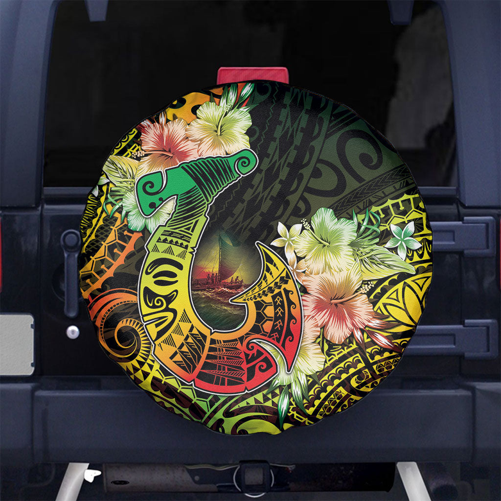 Hawaii Discoverers Day Spare Tire Cover Polynesian Fish Hook With Hibiscus Reggae LT05 No hole Reggae - Polynesian Pride