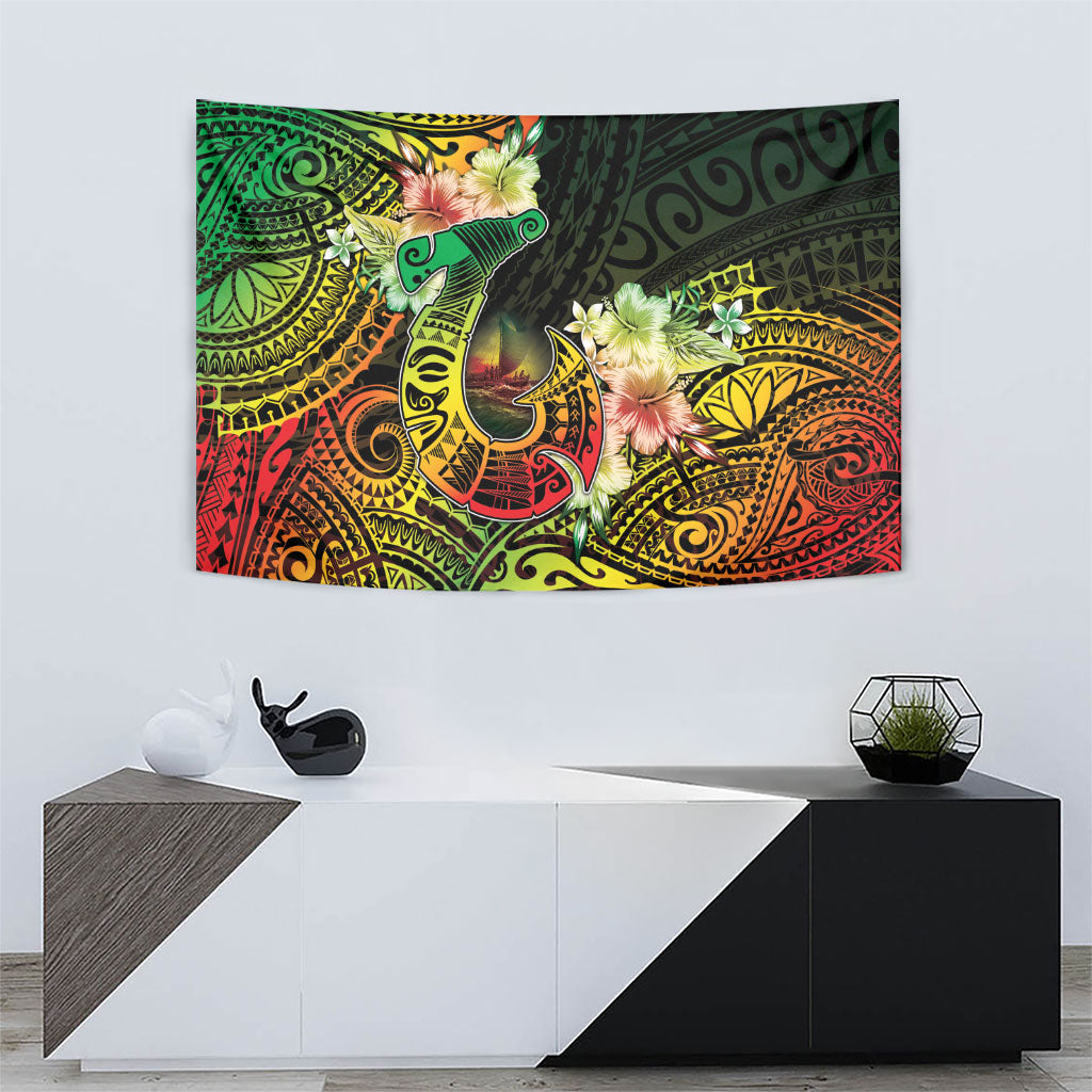 Hawaii Discoverers Day Tapestry Polynesian Fish Hook With Hibiscus Reggae
