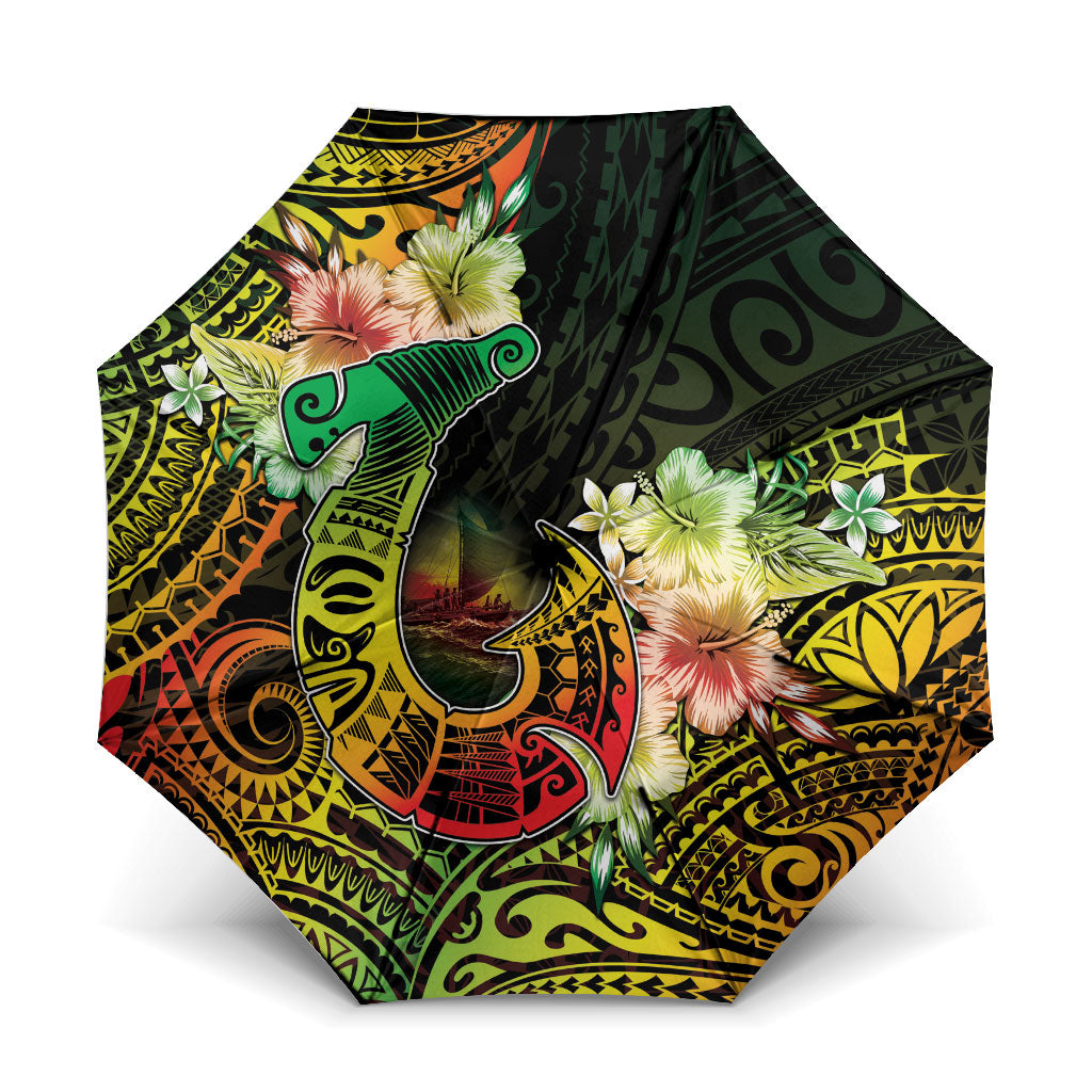 Hawaii Discoverers Day Umbrella Polynesian Fish Hook With Hibiscus Reggae LT05 One Size Folded 11.42 inch Opened Diameter 37.4 inch Reggae - Polynesian Pride