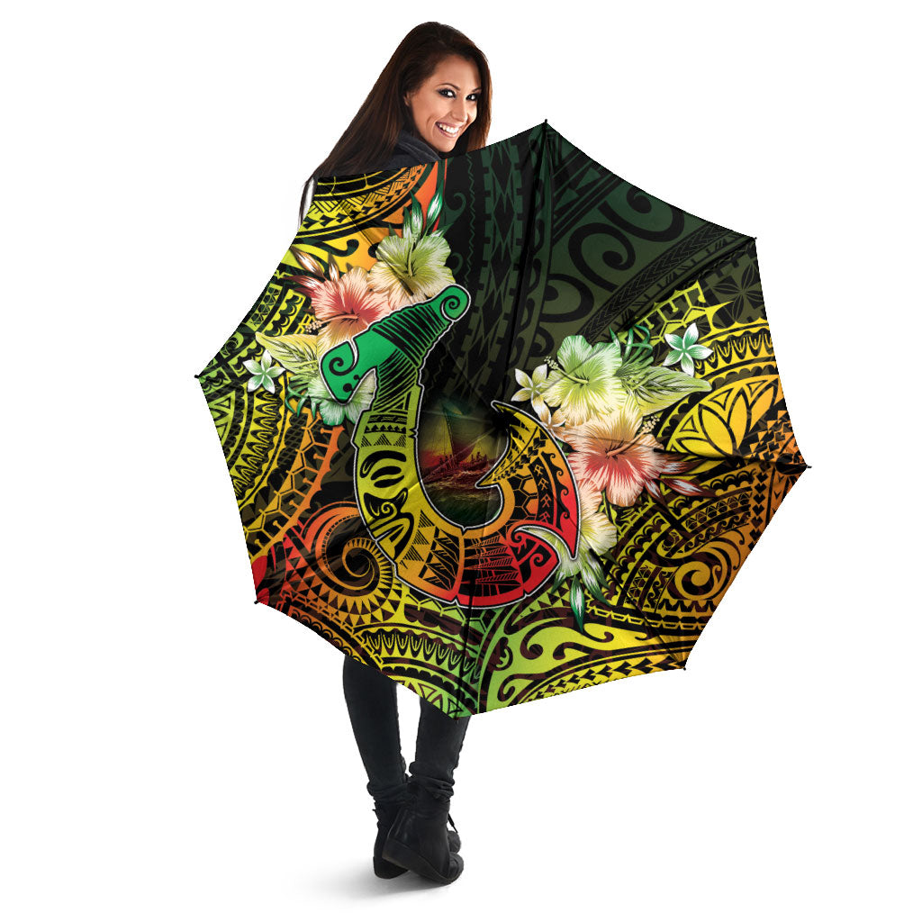 Hawaii Discoverers Day Umbrella Polynesian Fish Hook With Hibiscus Reggae