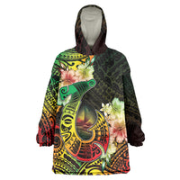 Hawaii Discoverers Day Wearable Blanket Hoodie Polynesian Fish Hook With Hibiscus Reggae LT05 One Size Reggae - Polynesian Pride